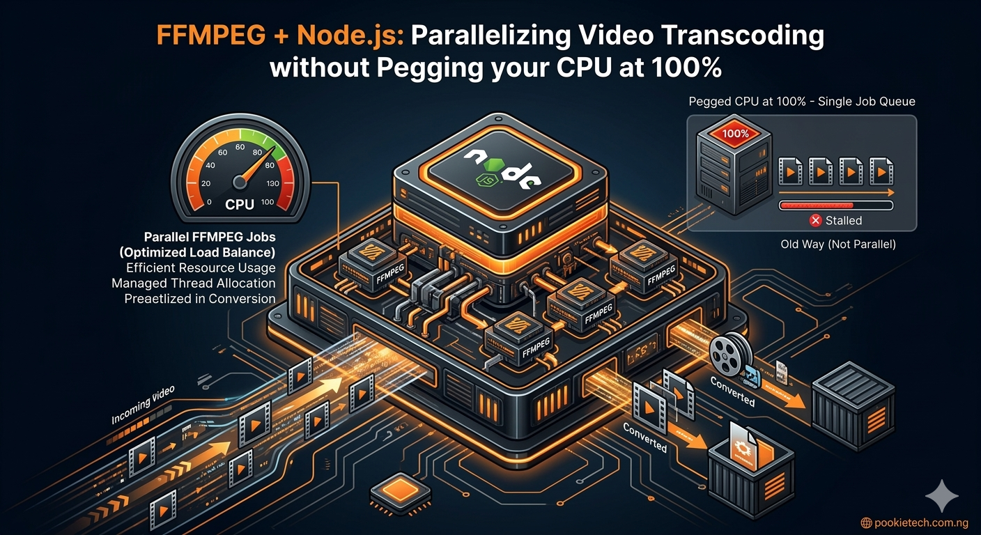 how to run a single FFMPEG command from Node.js; FFMPEG + Node.js: Parallelizing Video Transcoding without Pegging your CPU at 100%