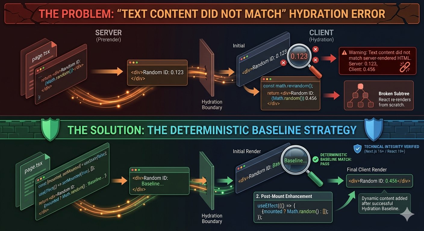 Fixing the 'Text Content Did Not Match' Hydration Error in Next.js 16: The Deterministic Baseline Strategy